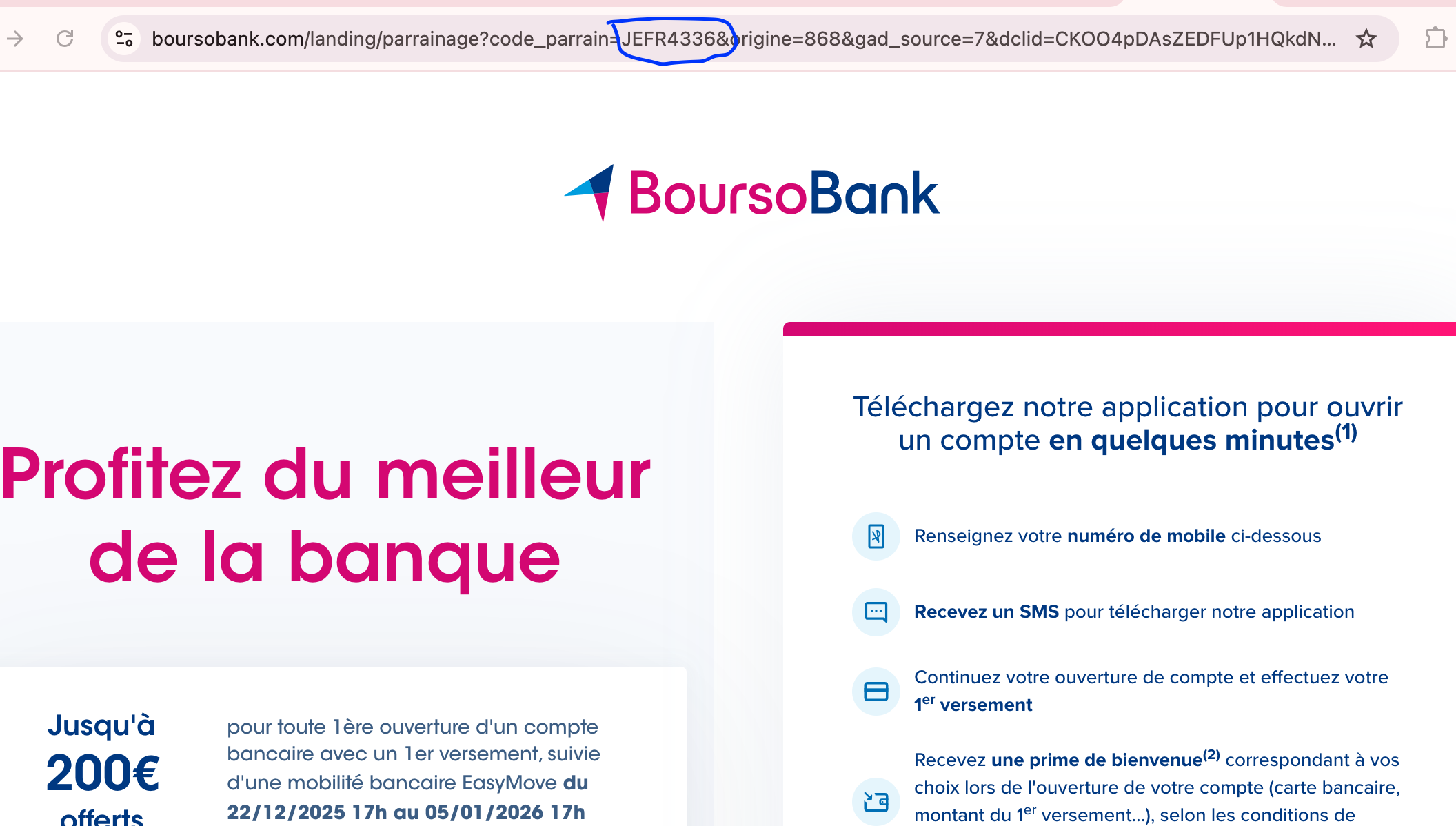 Où trouver le code de parrainage BoursoBank après le paramètre code_parrain dans l'URL d'invitation